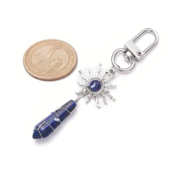 Wire Wrapped Blue Gemstone Pendant Celestial Keychain - Picture 2 of 3